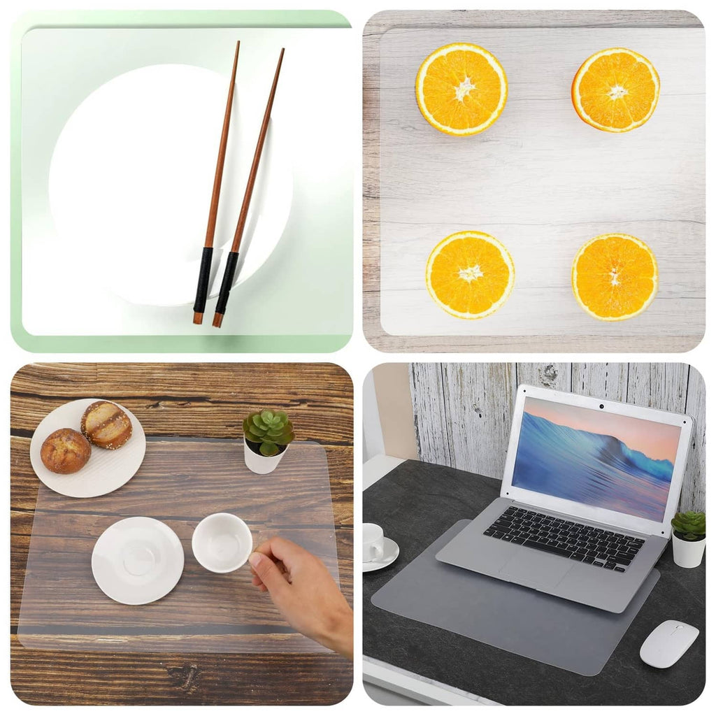 Clear matte plastic placemat with rounded corners shown in multiple uses