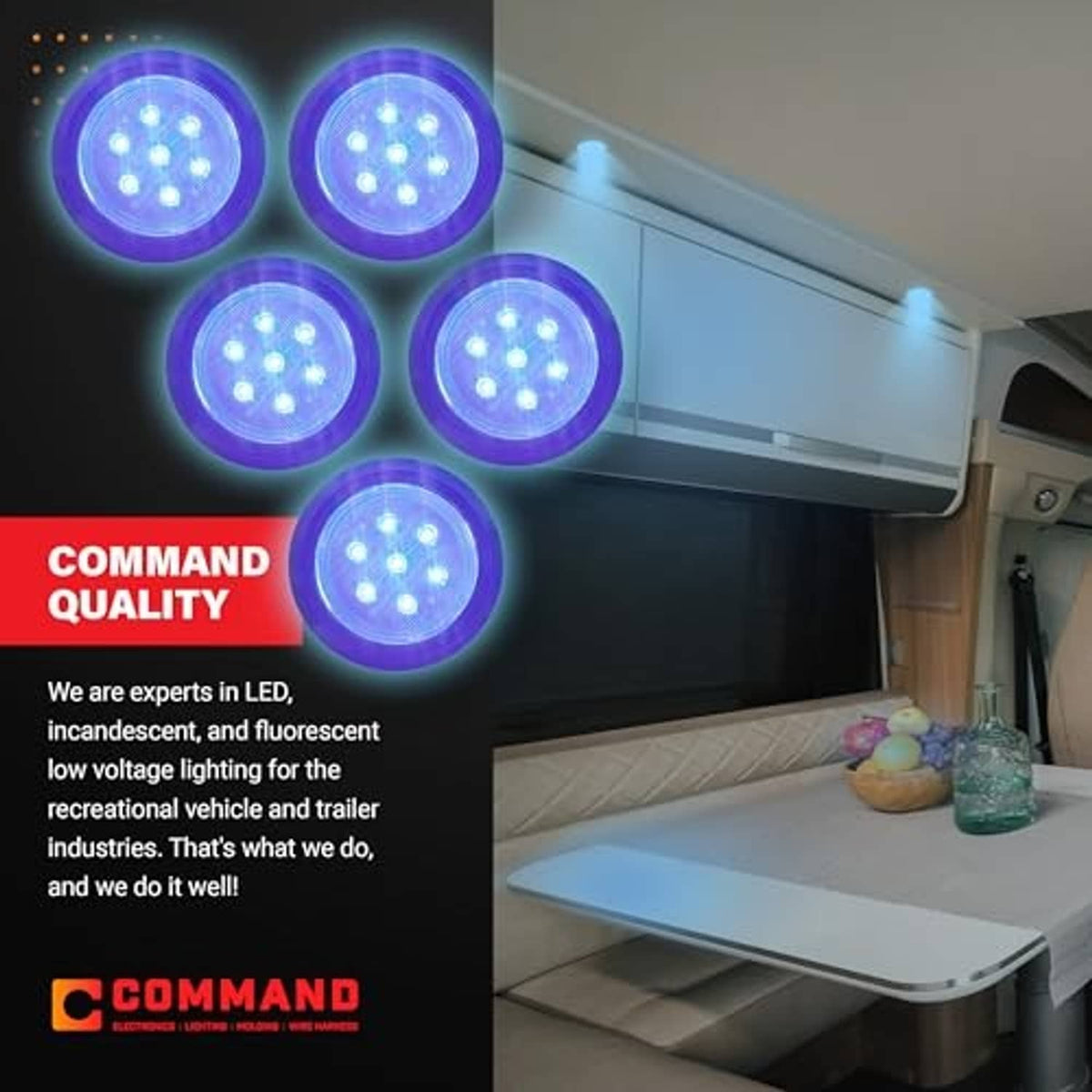 Multiple blue LED dome surface lights mounted under an RV cabinet