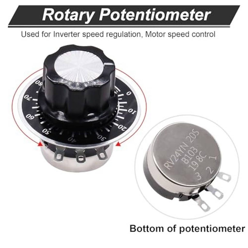 Rotary potentiometer with black knob and round dial scale; bottom marking visible