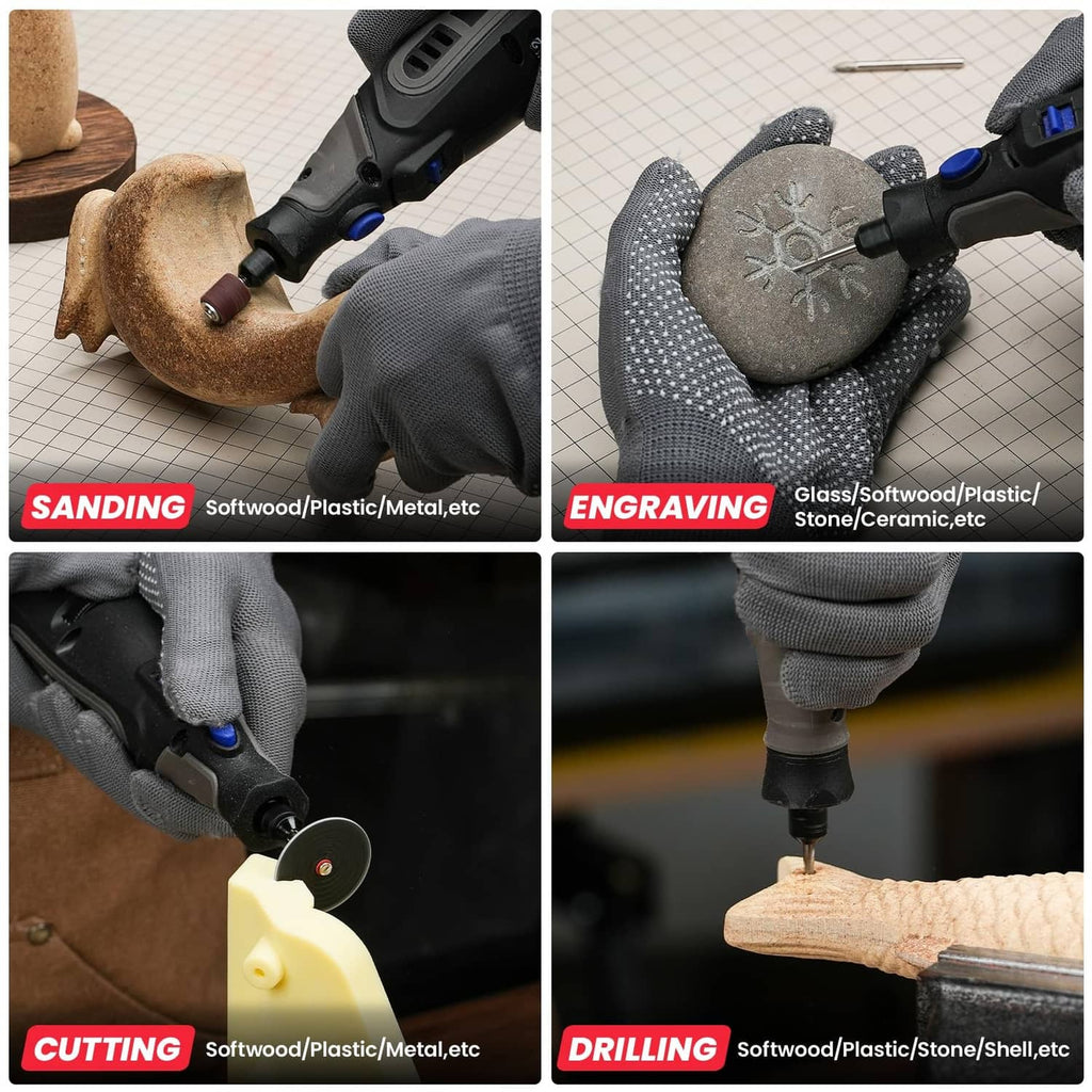 Rotary tool accessories for sanding, engraving, cutting, and drilling on wood and metal