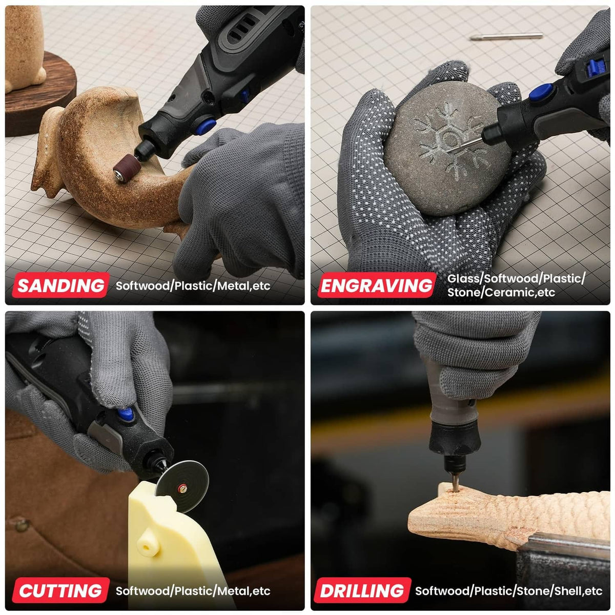 Rotary tool accessories for sanding, engraving, cutting, and drilling on wood and metal