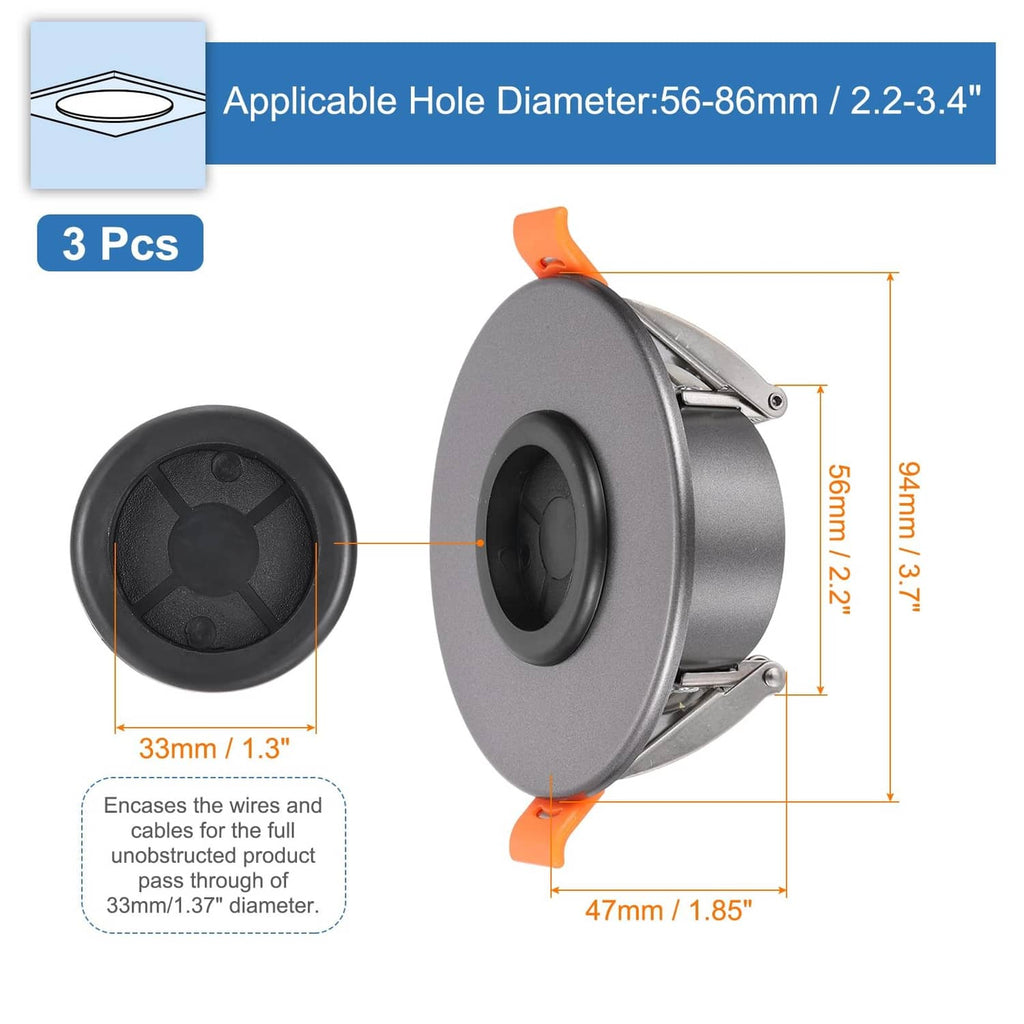 Dark gray round spring-lock cable pass-through port with orange spring-clips and inner opening