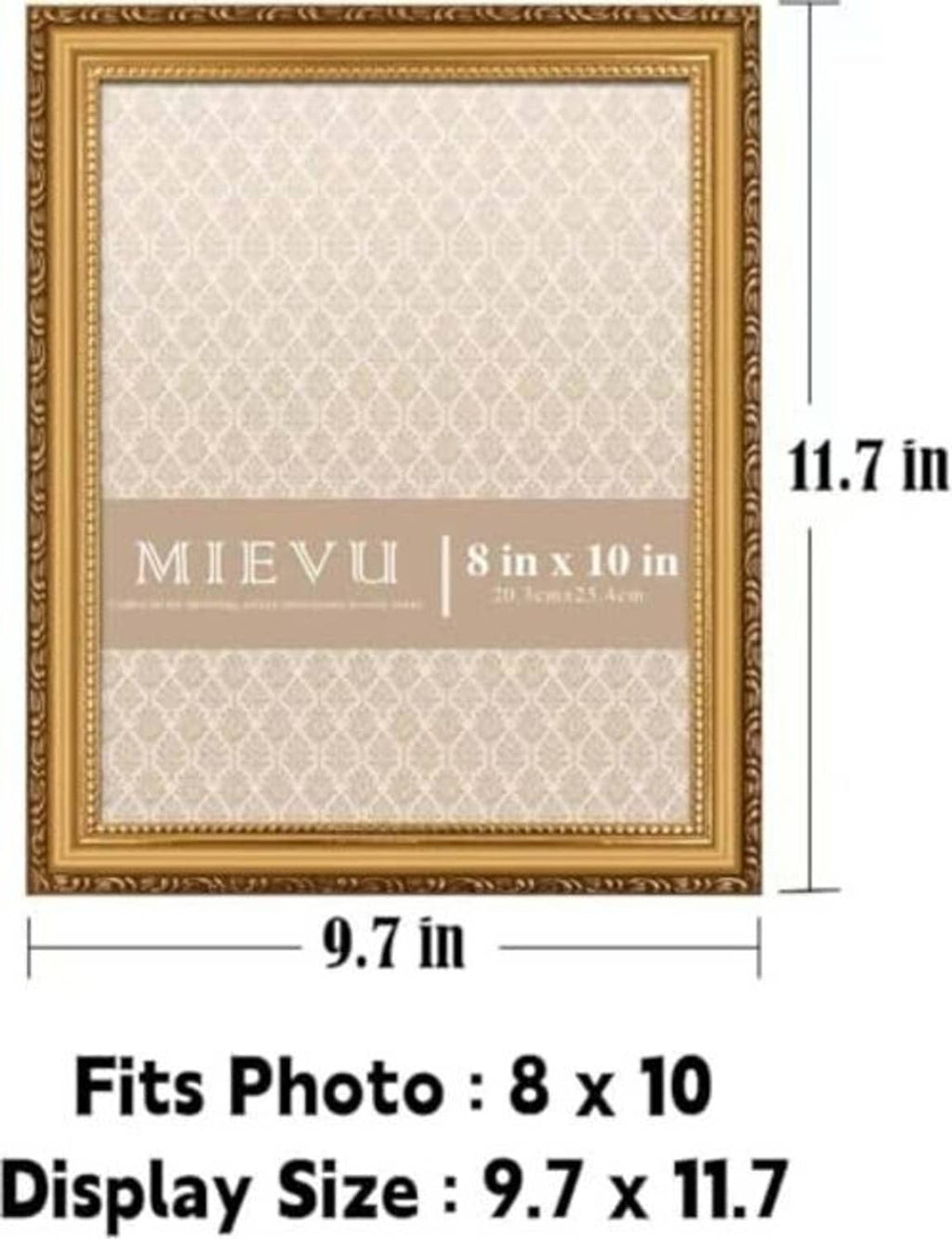 Gold 8 x 10 in picture frame with measurements and display size markings
