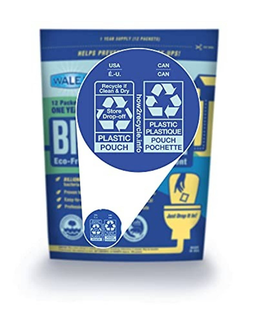 Bio-Active septic tank treatment pouch with recycling and plastic pouch icons