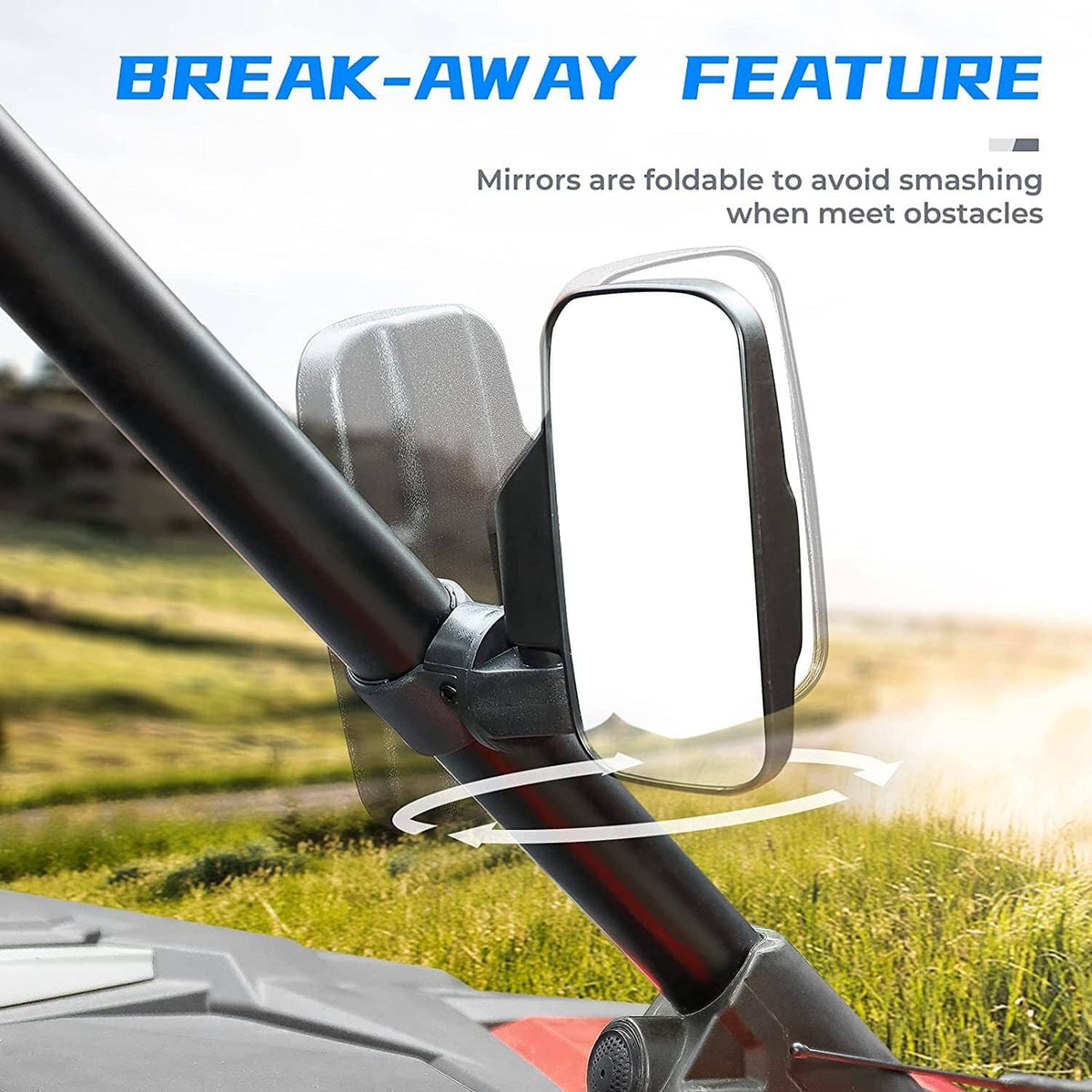Fold-away UTV rearview side mirror with black arm and clear lens for obstacle protection