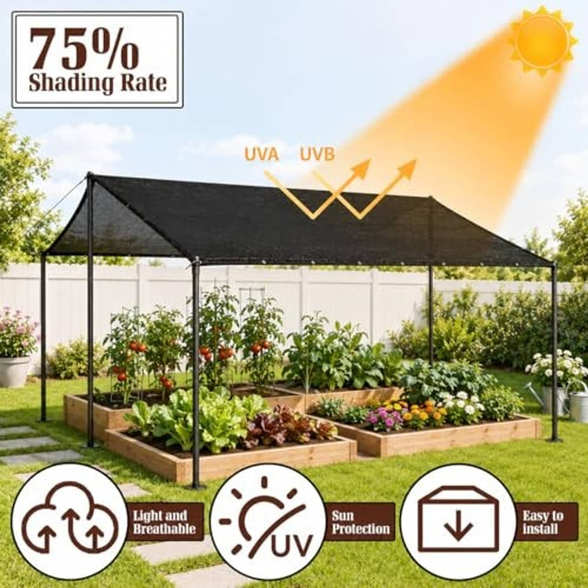 Black garden shade cloth canopy stretched over a frame for UV sun protection
