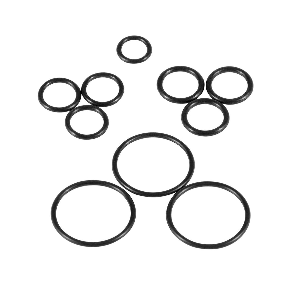 Assorted black O-rings in different sizes, including large rings
