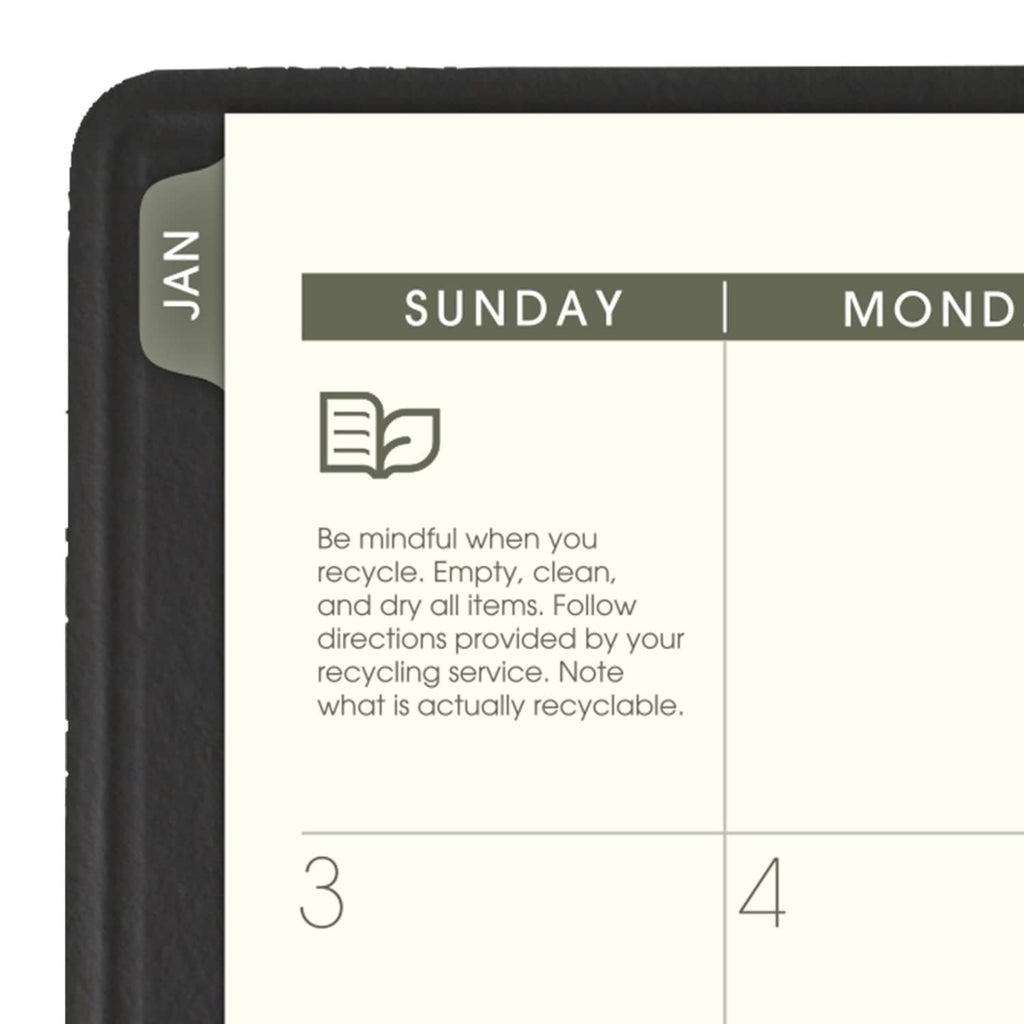 Monthly planner page section with Sunday and Monday headings and recycling instructions