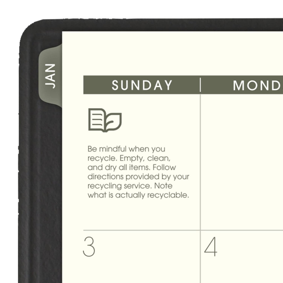 Monthly planner page section with Sunday and Monday headings and recycling instructions
