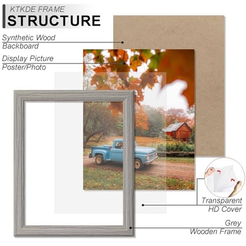Grey woodgrain 8x10 wooden picture frame with transparent cover and backing board