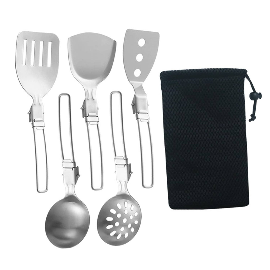 Silver six-piece camp cooking utensils with black storage pouch