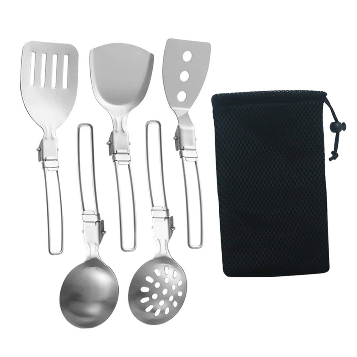 Silver six-piece camp cooking utensils with black storage pouch