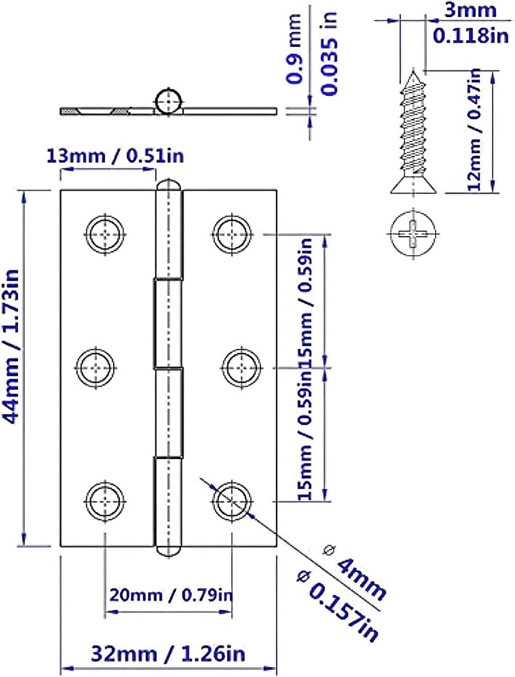 Stainless steel hinge dimensions diagram with pin and screw hole layout