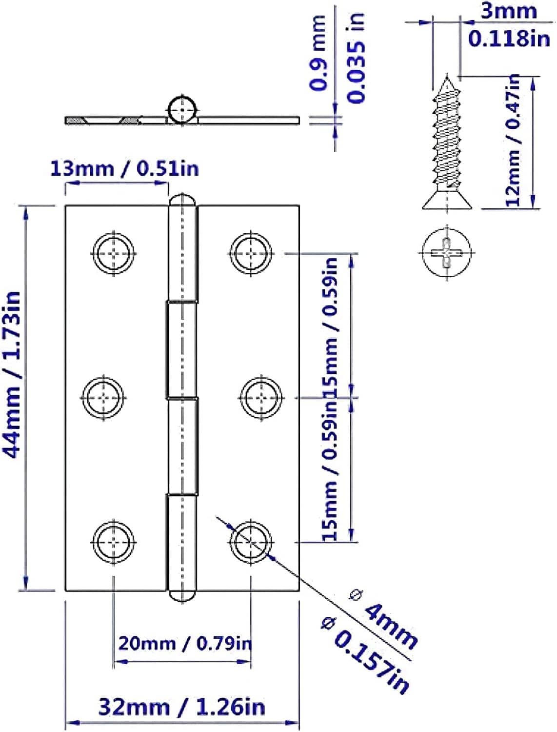 Stainless steel hinge dimensions diagram with pin and screw hole layout