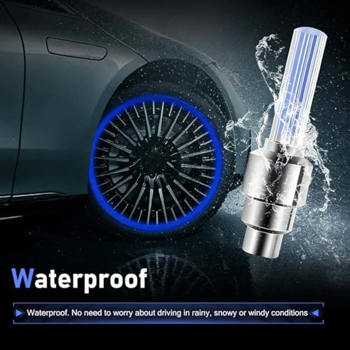 LED tire valve stem caps with blue light, chrome silver body and glowing LED tubes