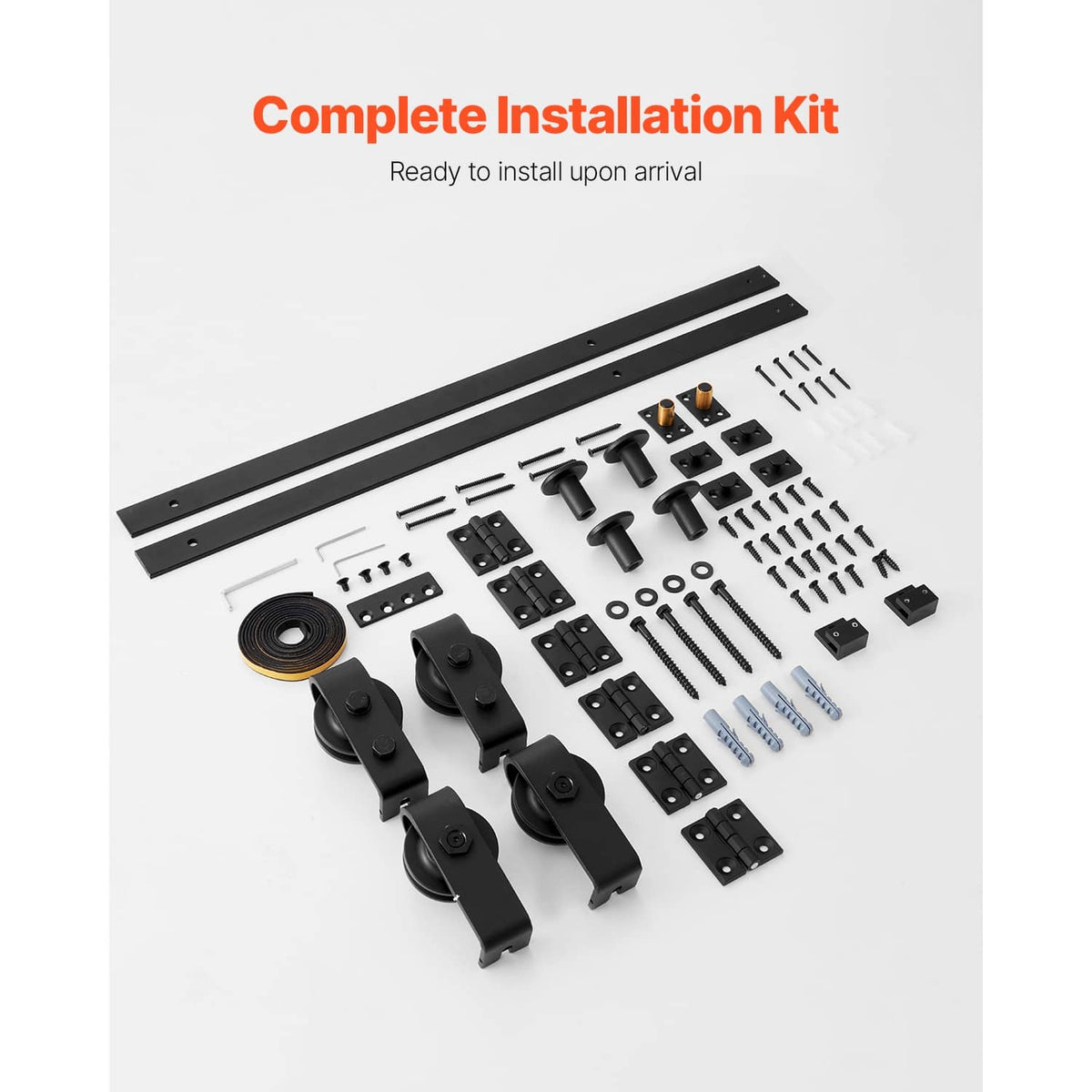 Complete bi-fold sliding barn door installation kit: black track, rollers, and hardware