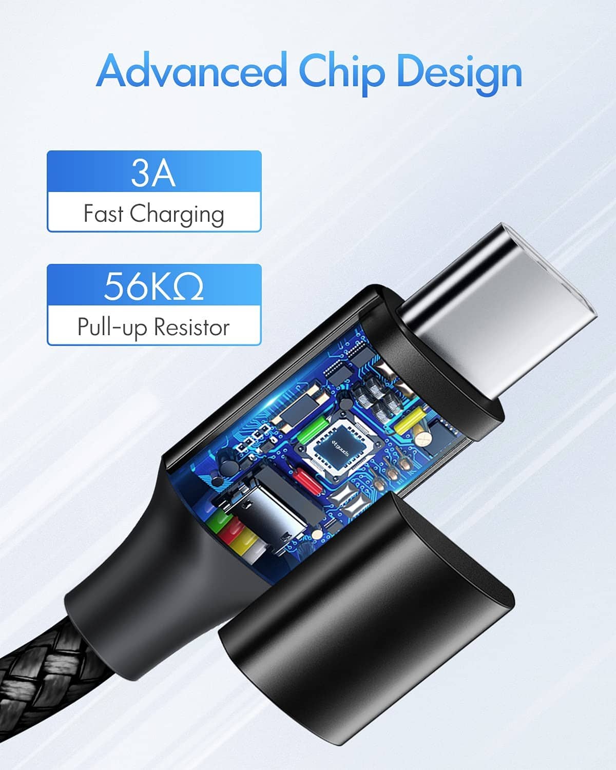 Black USB-C cable end with fast-charging circuitry detail and silver connector.