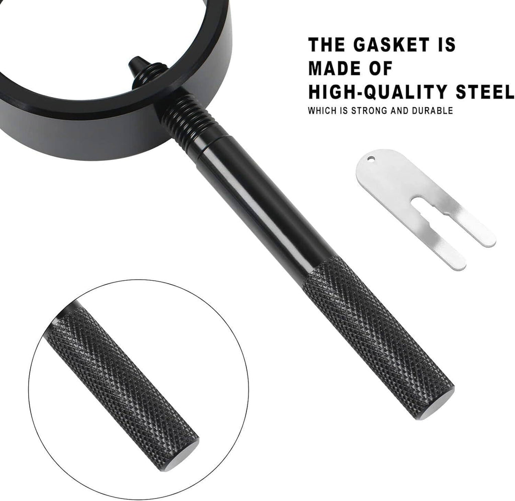 Black fork spring compressor tool with textured handle and silver fork support plate