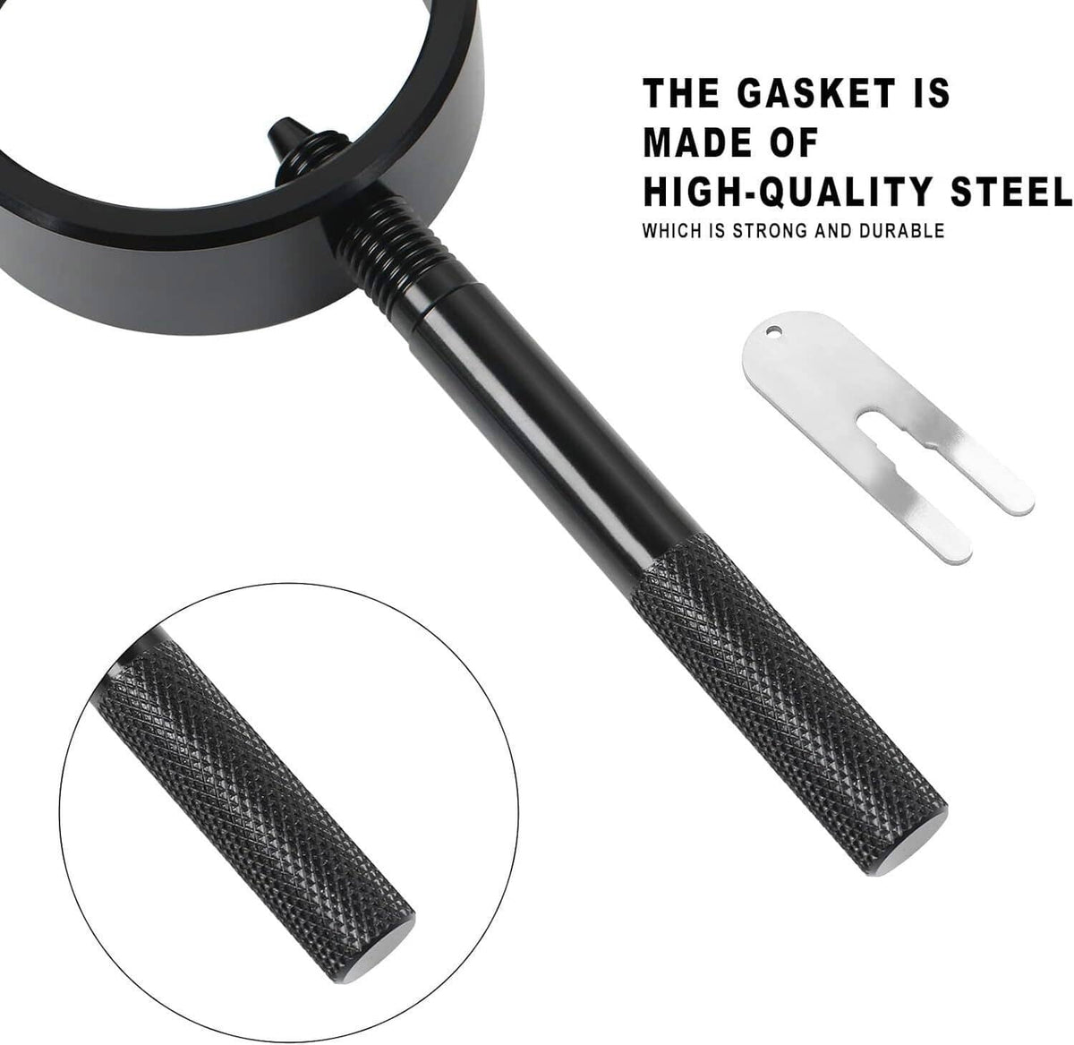 Black fork spring compressor tool with textured handle and silver fork support plate