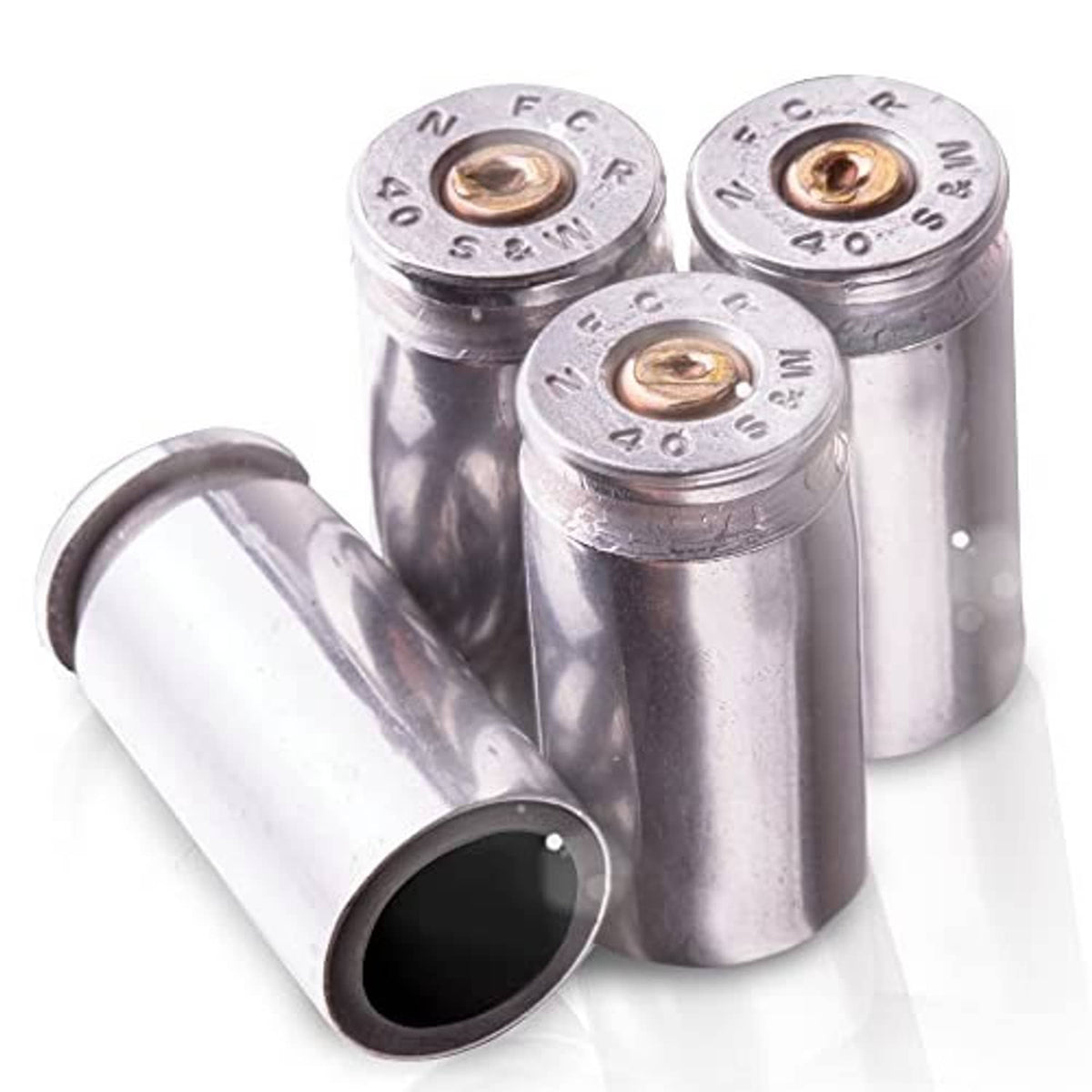 Set of nickel bullet tire valve stem caps with black inserts and gold-toned centers