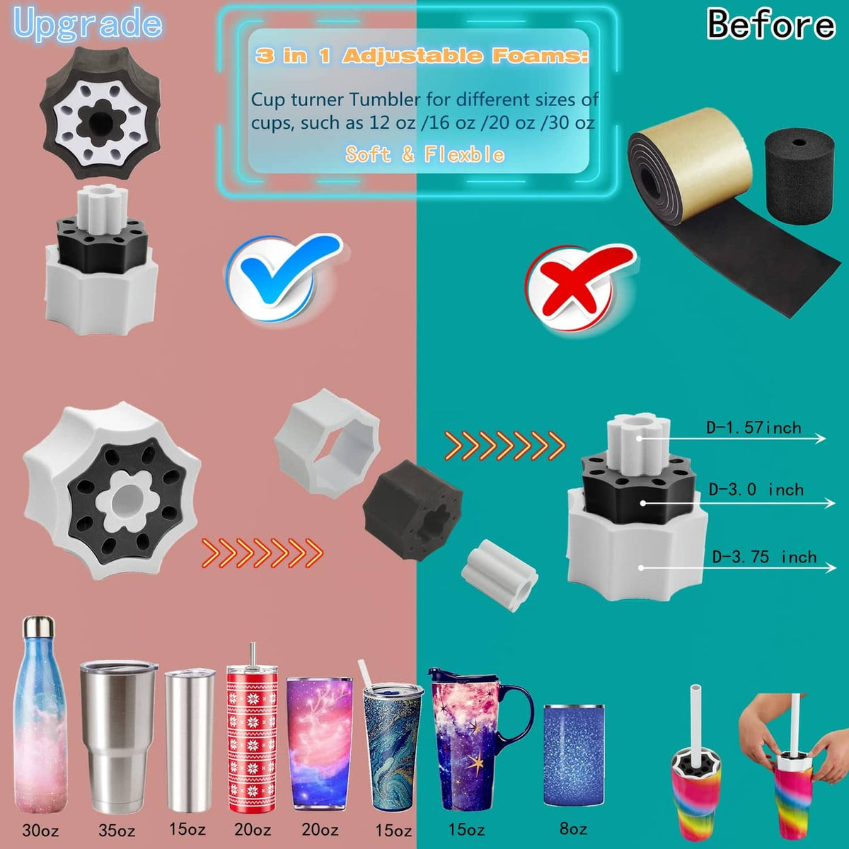 Adjustable foam inserts for cup tumbler spinner with multiple sizes and foam rings