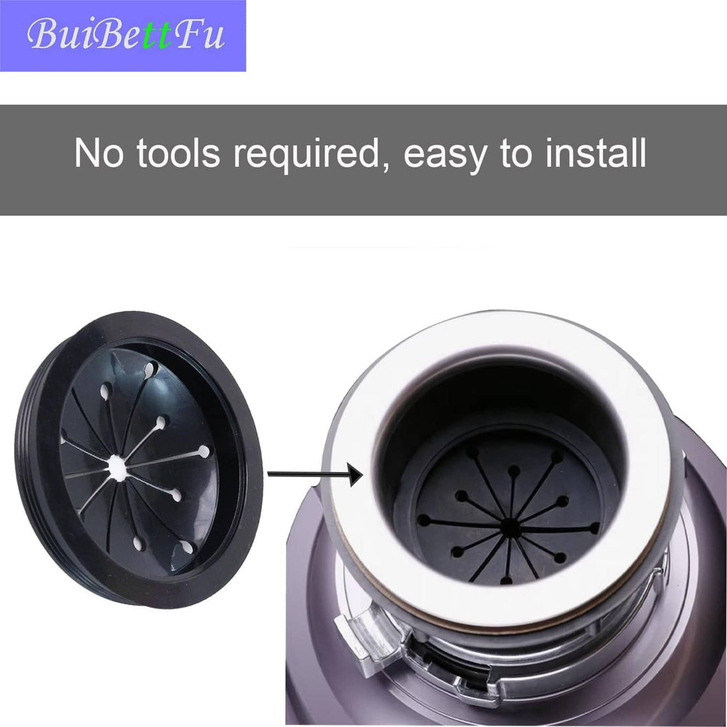Black garbage disposal splash guard baffle shown installed in disposal opening