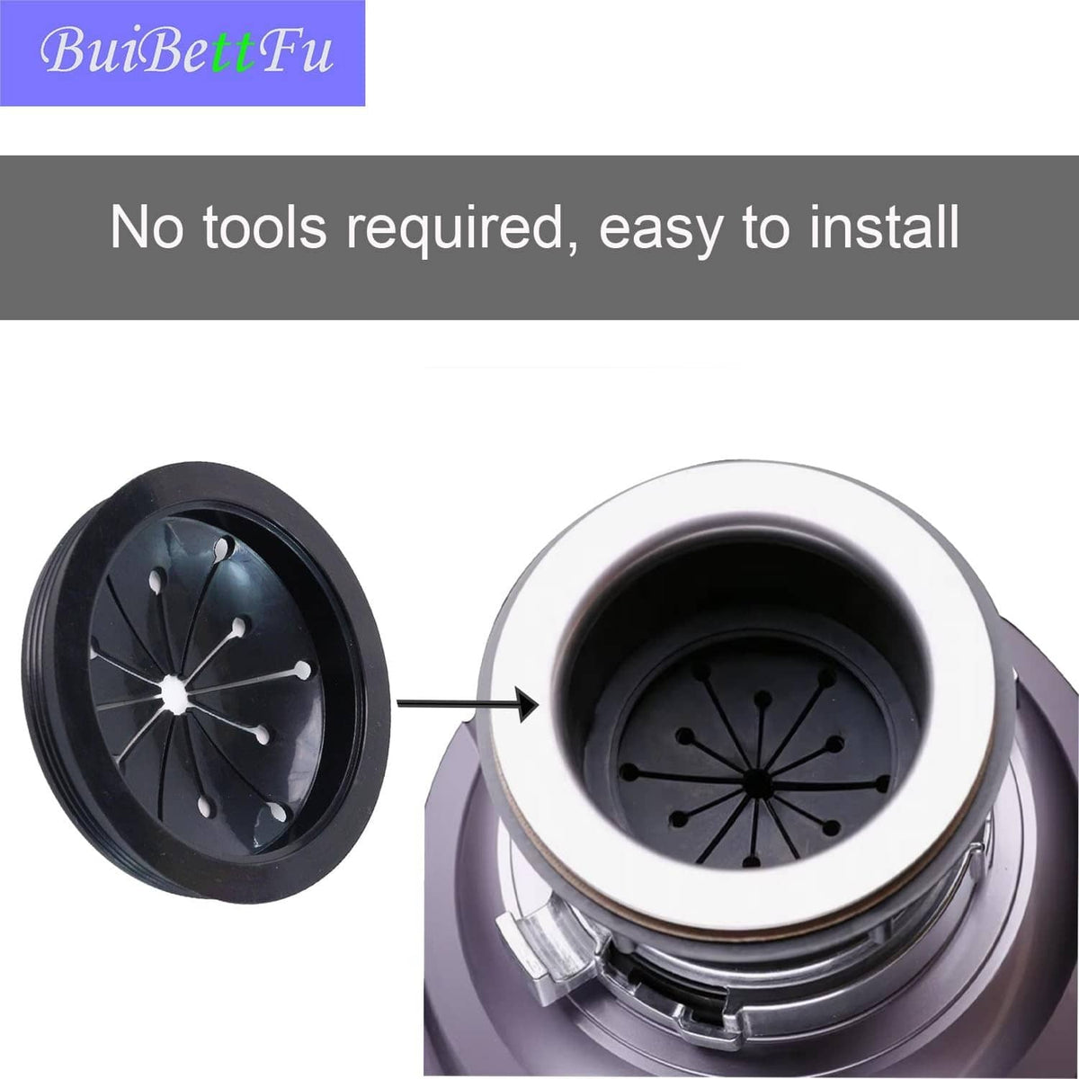 Black garbage disposal splash guard baffle shown installed in disposal opening