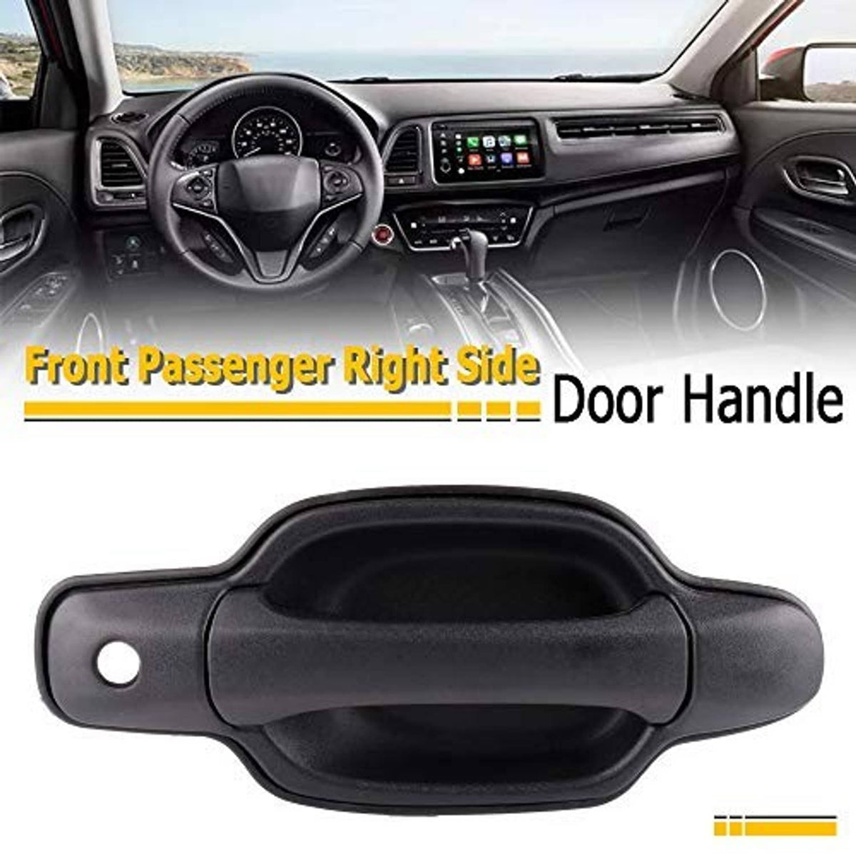 Exterior door handle with dark finish and oval inner recess, side keyhole mounting