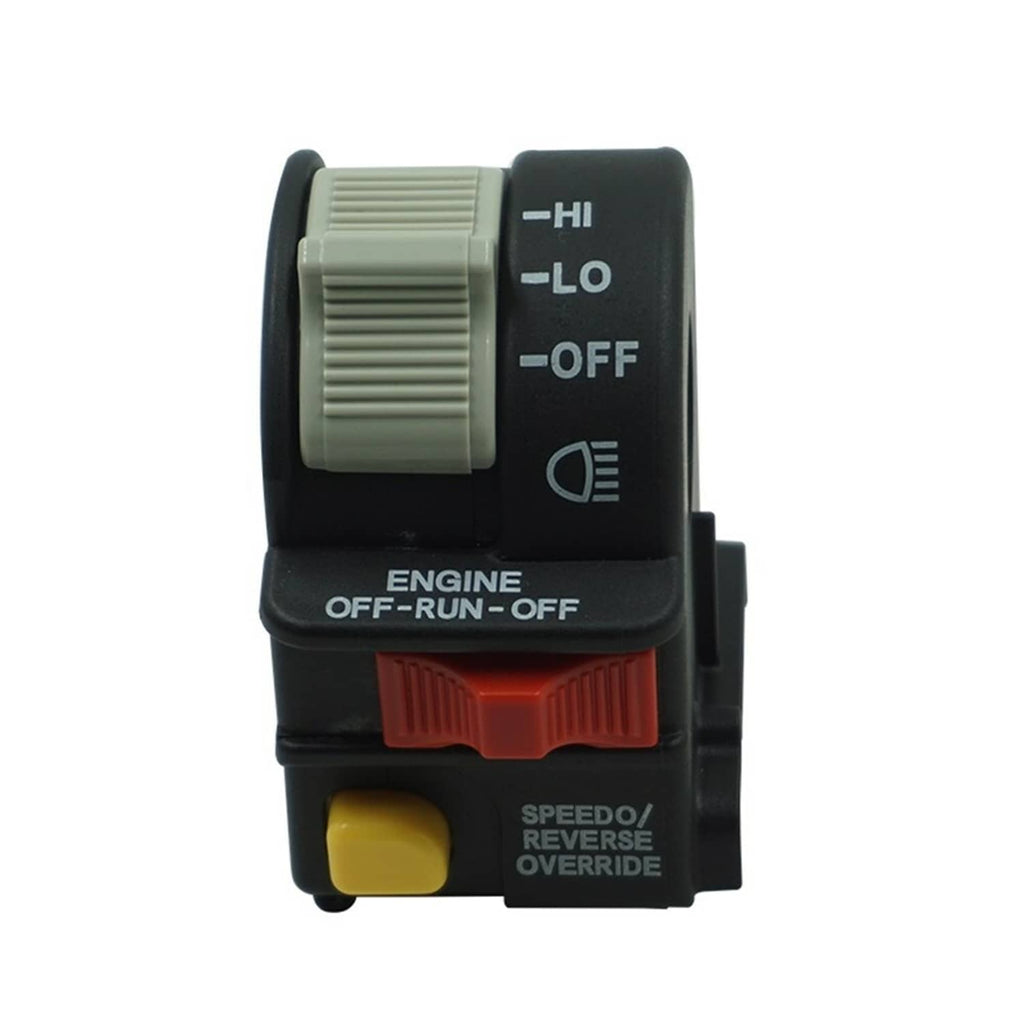 Left handlebar switch with gray Hi/Lo-Off dial, red bar, yellow button on black housing