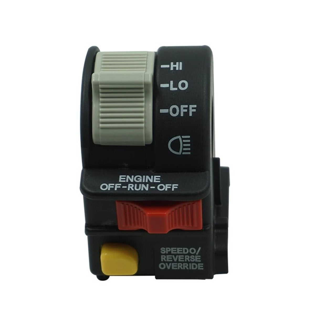 Left handlebar switch with gray Hi/Lo-Off dial, red bar, yellow button on black housing