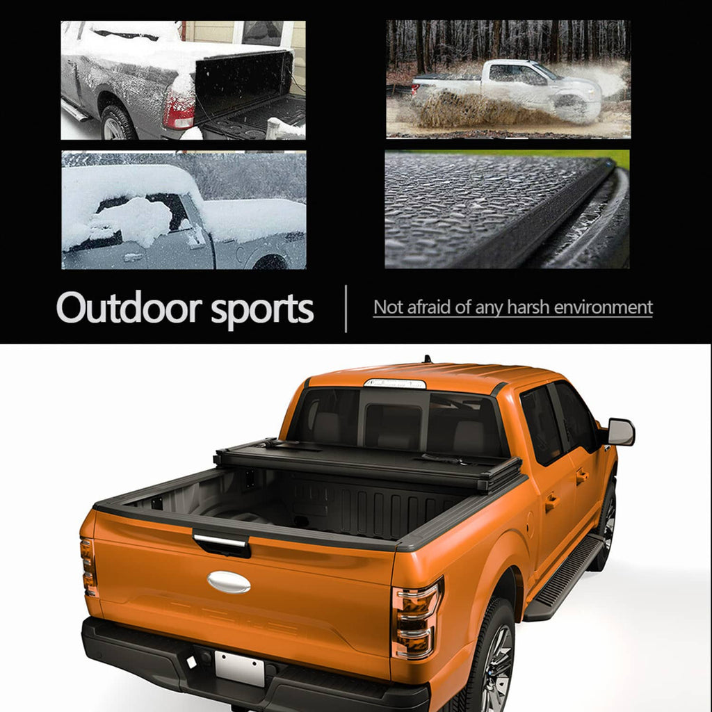 Hard tri-fold tonneau cover on truck bed, black hard cover