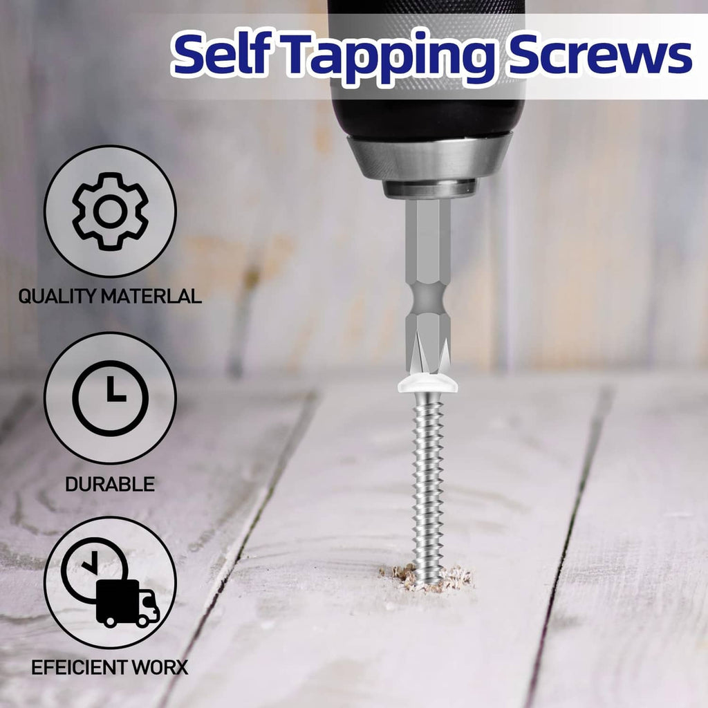 Self tapping screw being driven into wood with white pan head and silver threads.
