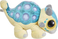 Blue plush baby dinosaur with purple spots, big black eyes, gray ear pads, yellow feet