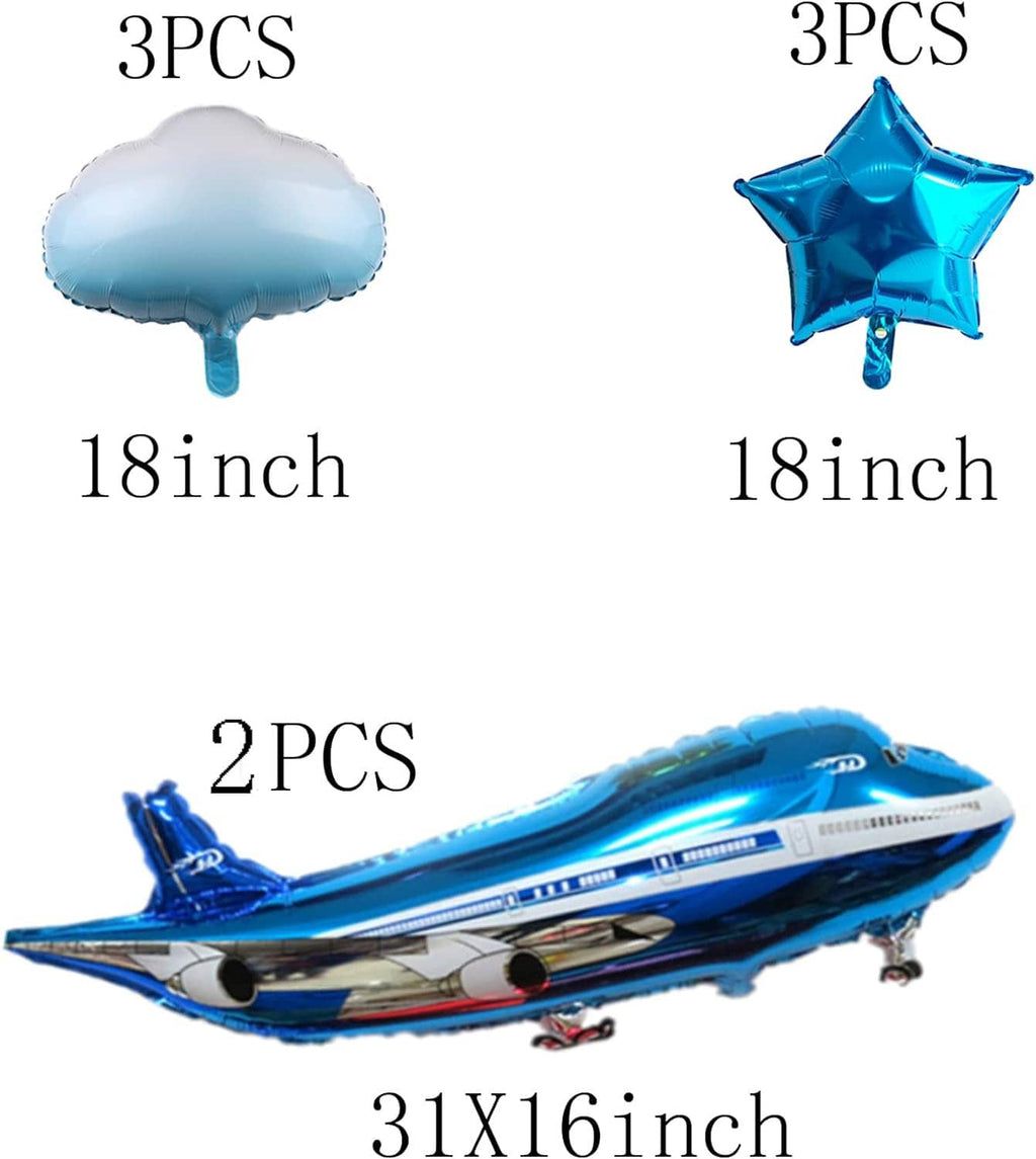 Set includes blue airplane foil balloon plus cloud and blue star balloons