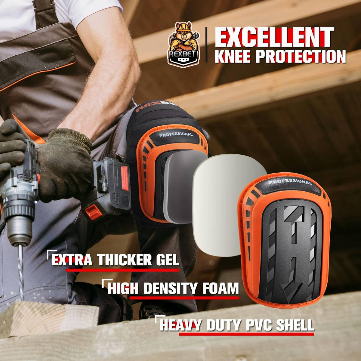 Black and orange knee pads with thick protective front pads worn while kneeling on wood