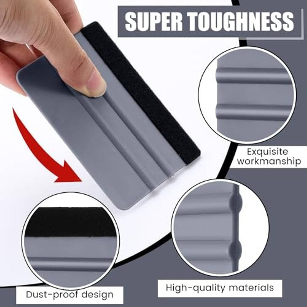 Gray squeegee with black felt edge and ribbed plastic body, held by hand