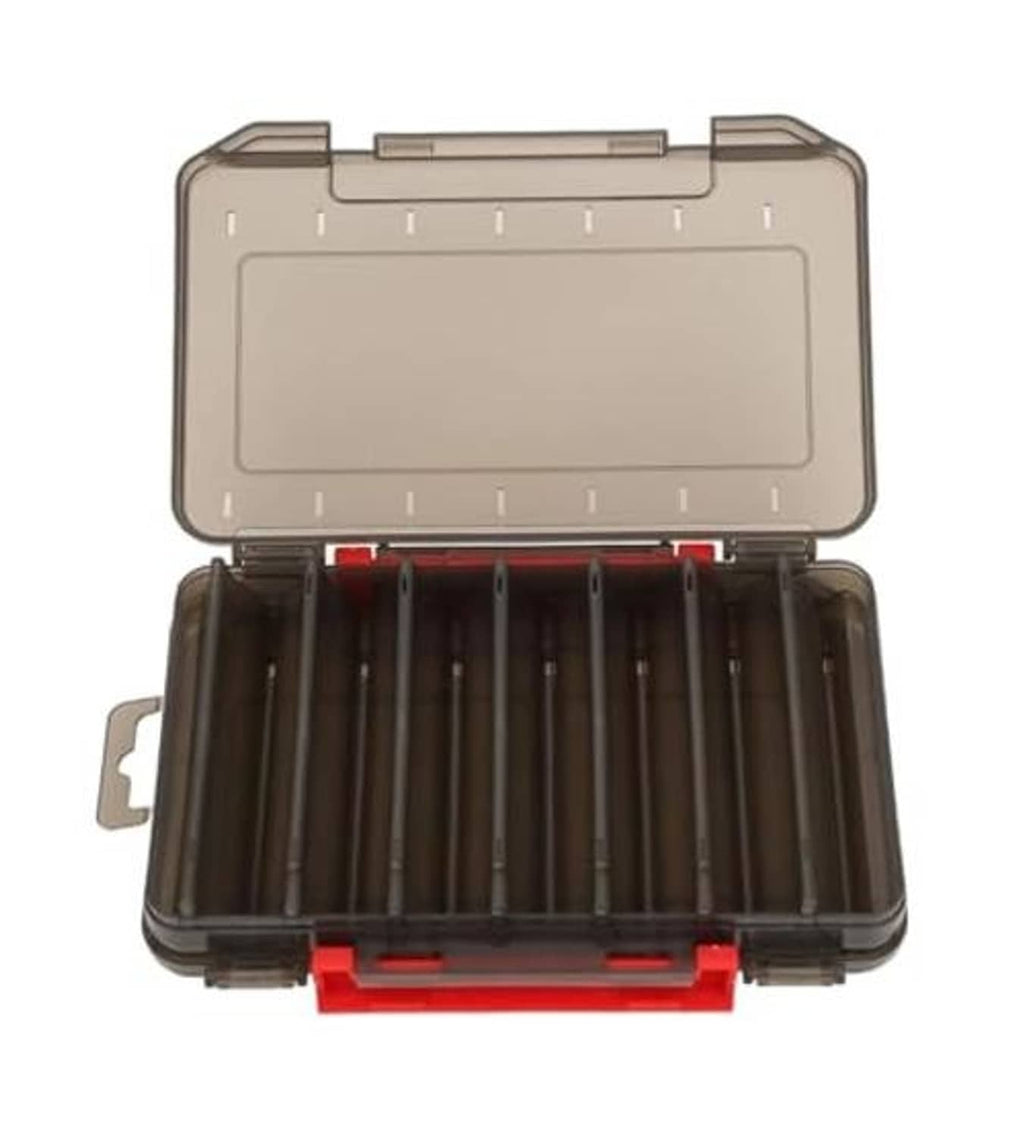 Double-sided tackle box with clear lid and red base latch, open compartments