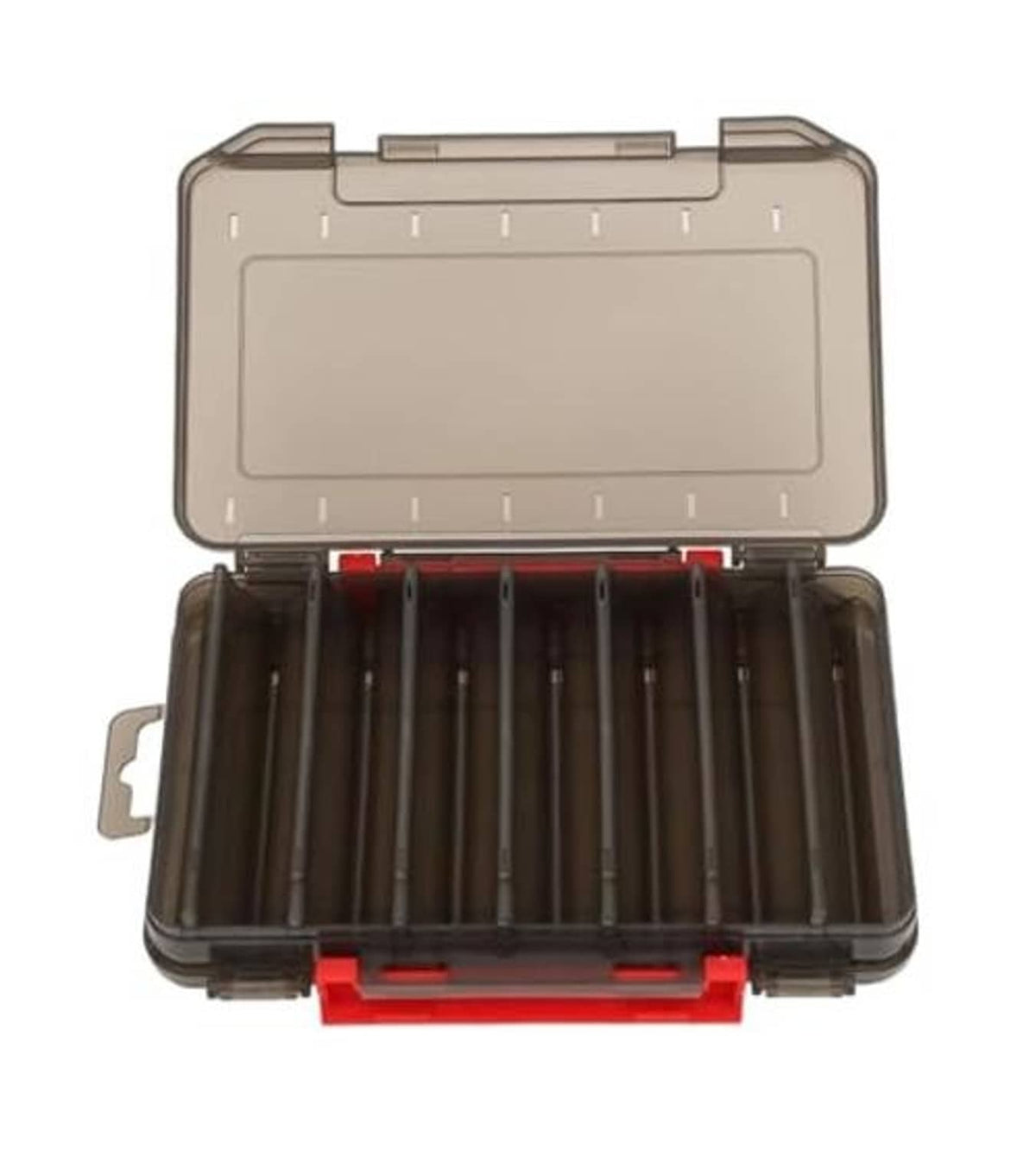 Double-sided tackle box with clear lid and red base latch, open compartments