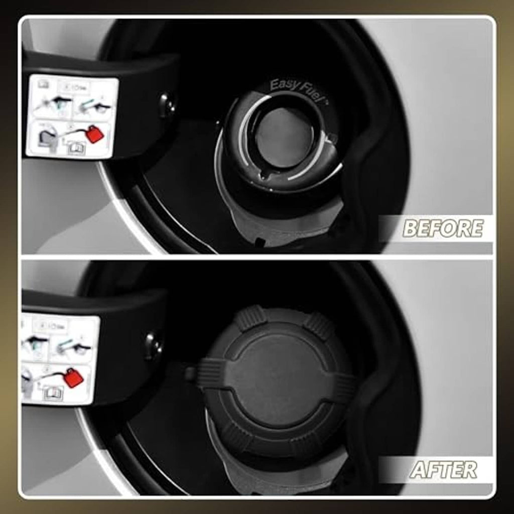 Fuel filler cap cover shown installed in the fuel opening, before/after comparison