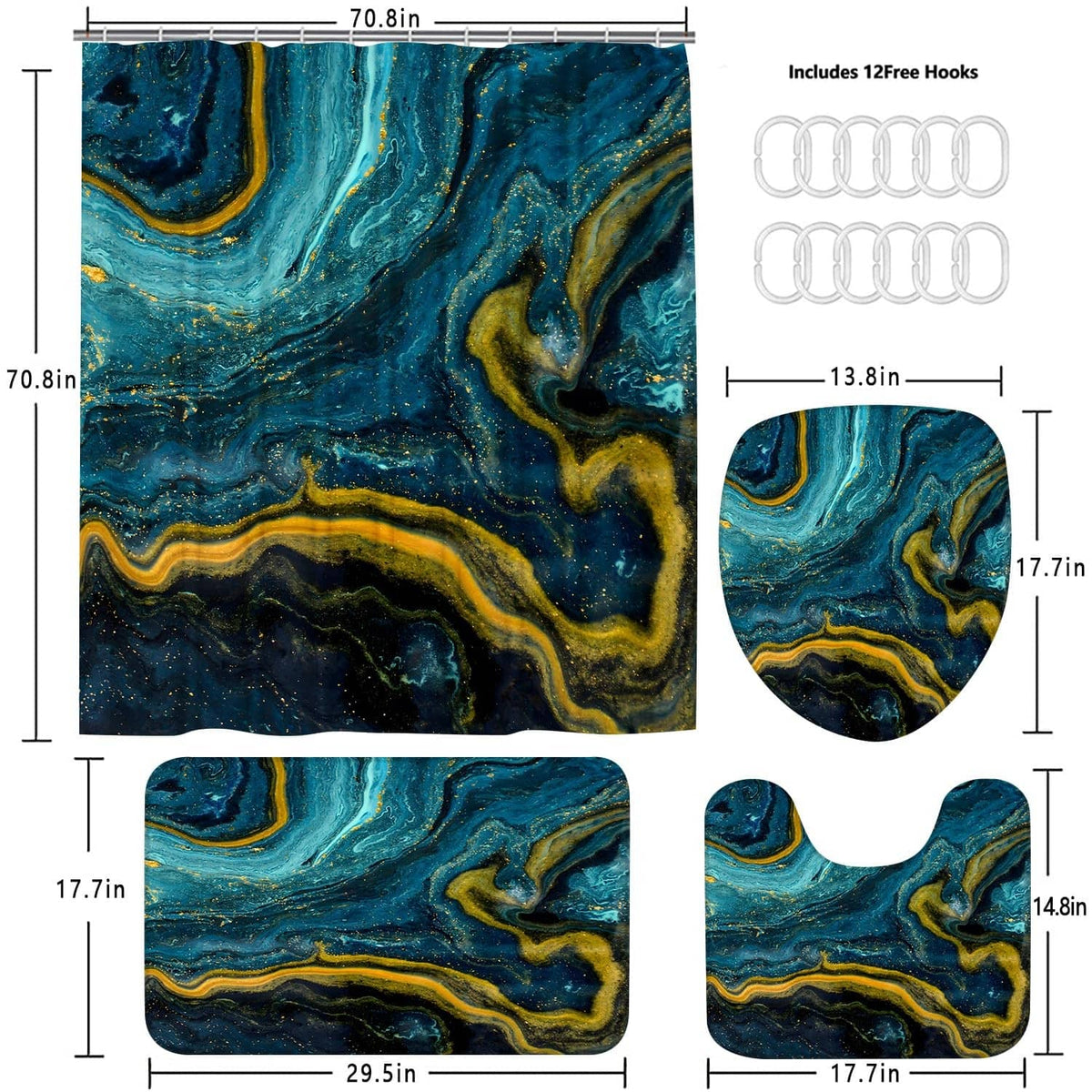 Teal blue marble-pattern shower curtain and bathroom mat set with hook hardware
