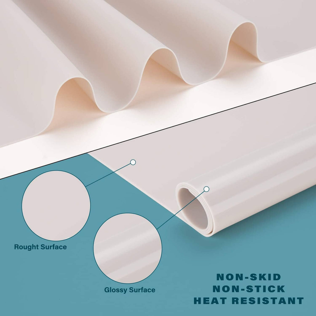 Silicone mat with rolled sections; rough and glossy surface areas