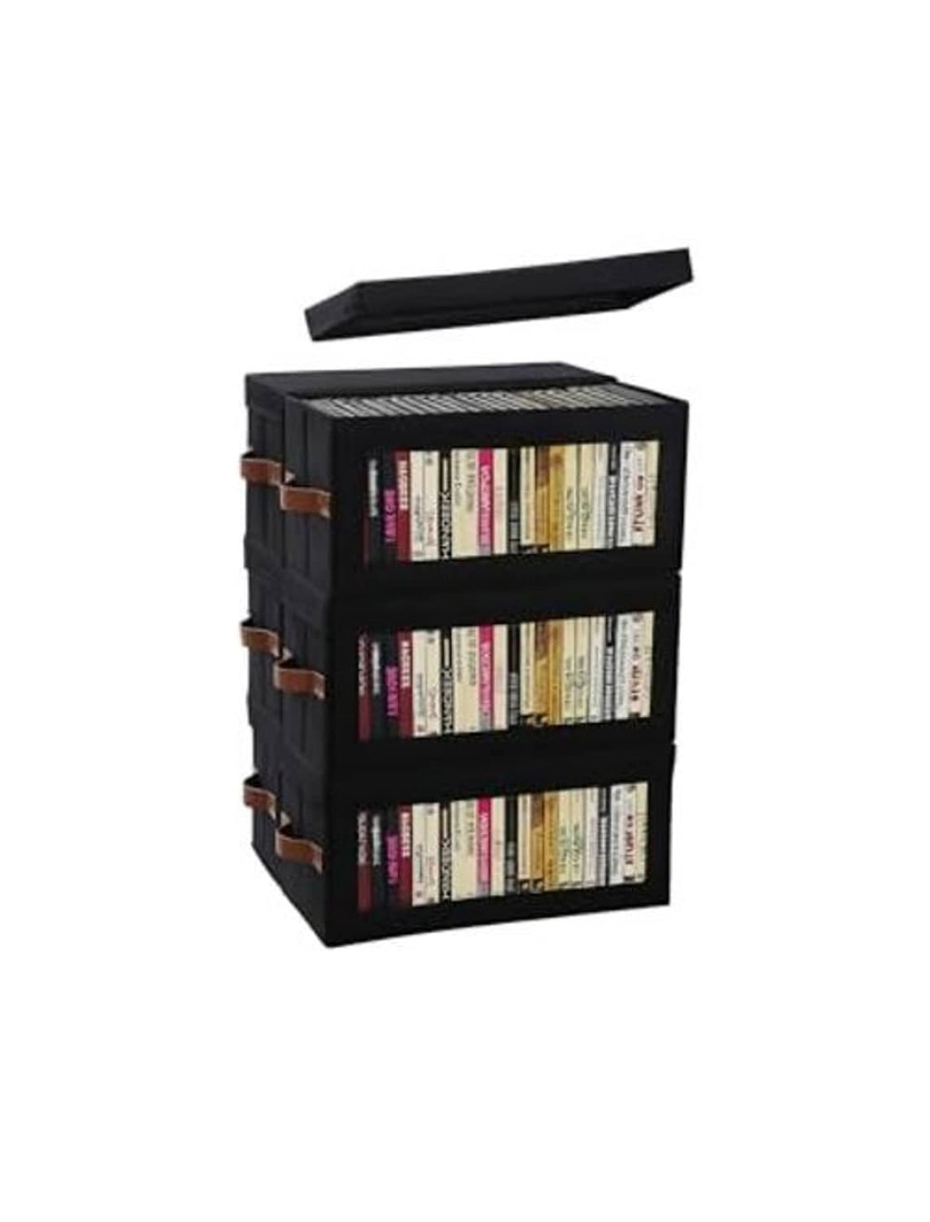 Black DVD storage box with clear window and brown handle accents, dustproof lid