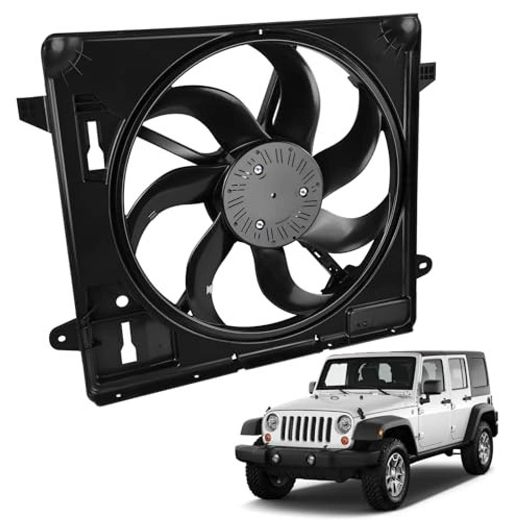 Black radiator cooling fan assembly with four-blade fan and mounting bracket