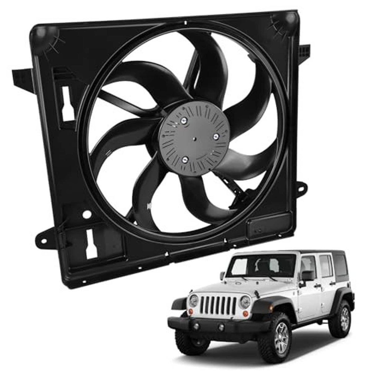 Black radiator cooling fan assembly with four-blade fan and mounting bracket
