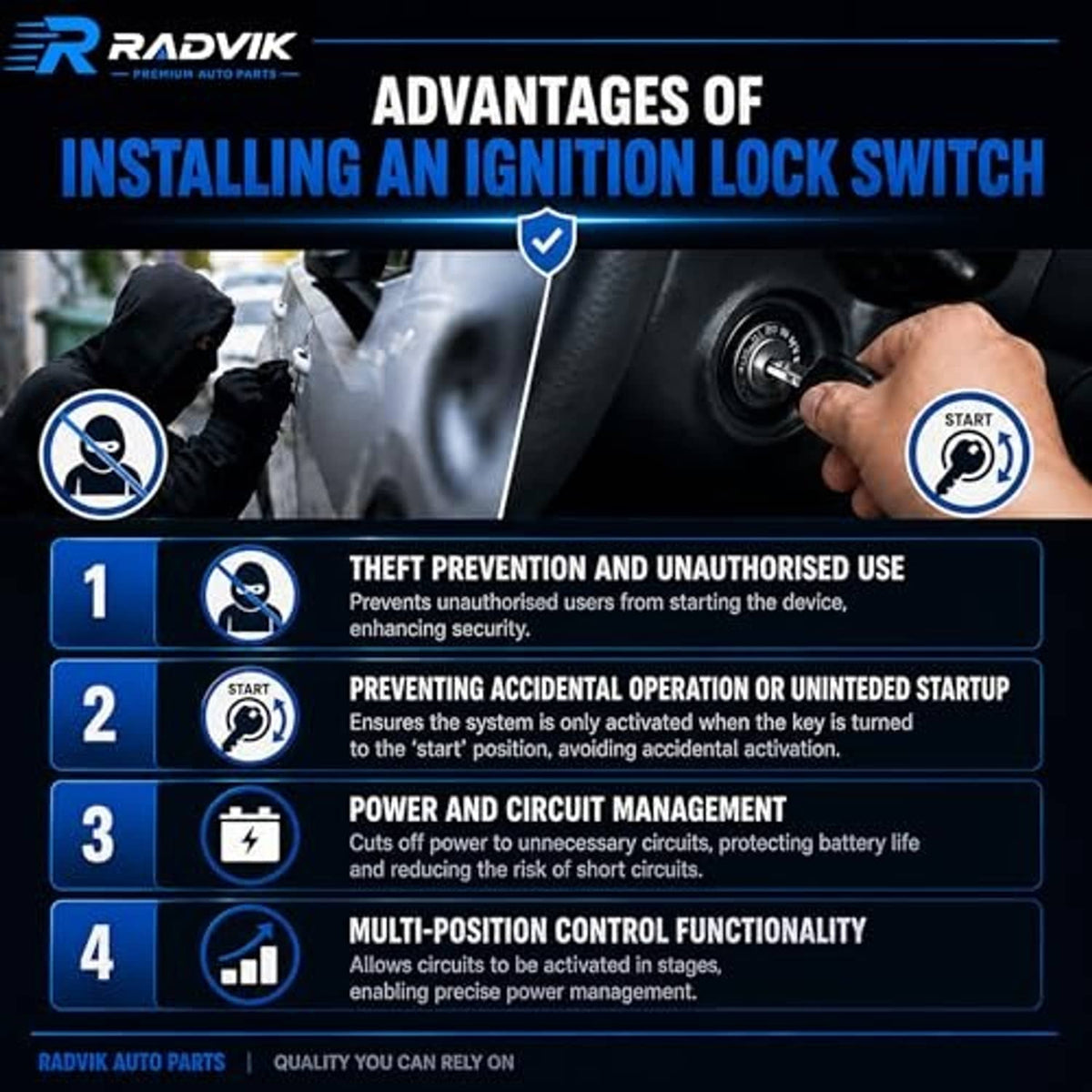 Ignition lock switch near a key cylinder with START button on the key