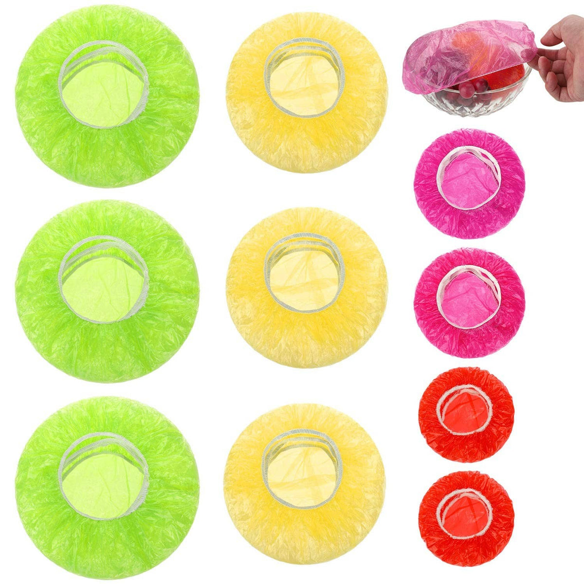 Assorted reusable elastic food covers in green, yellow, pink, and red, round styles
