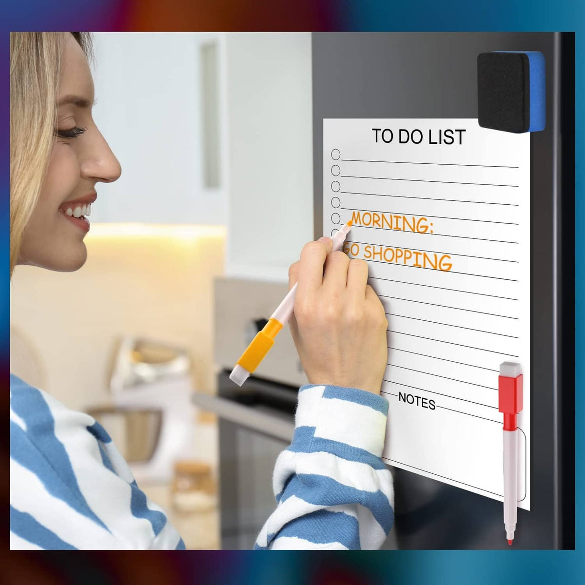 Magnetic dry-erase to-do list board on refrigerator with marker writing