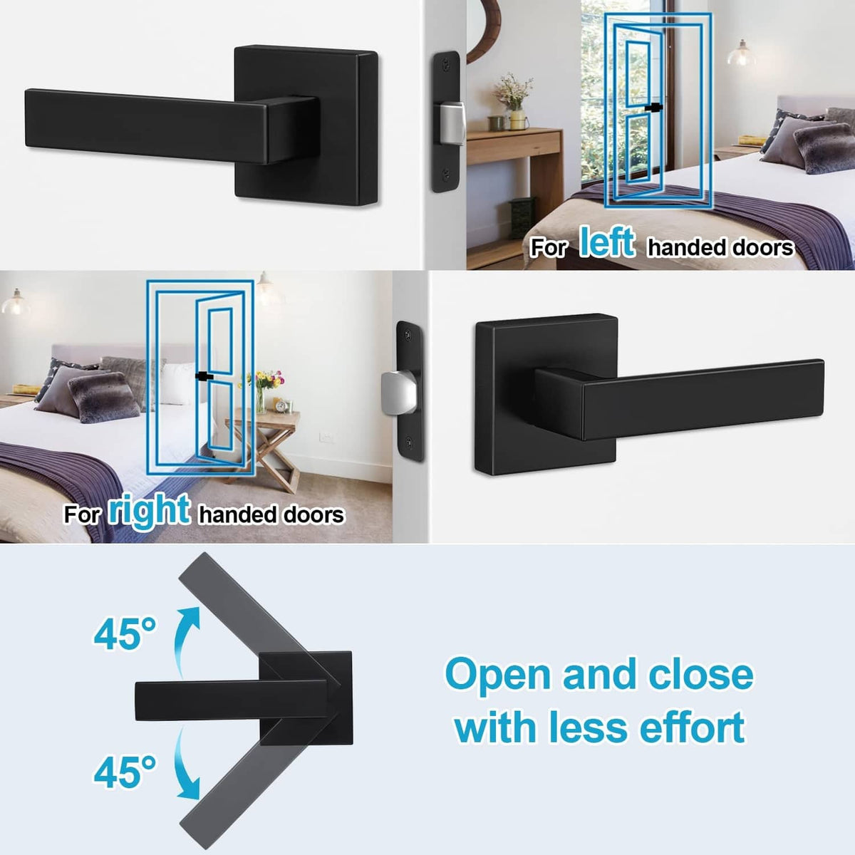 Matte black passage door lever for left- and right-handed doors, open-close handle set
