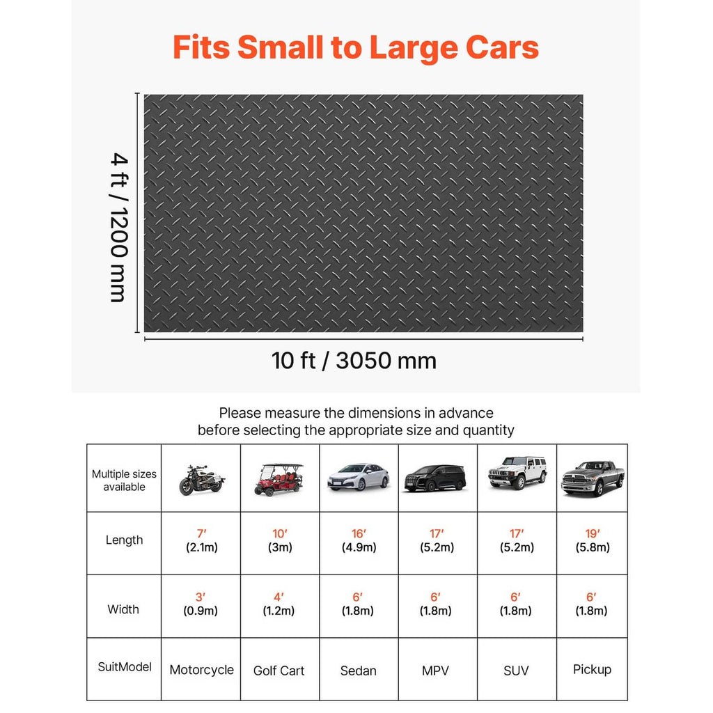Dark garage floor mat size chart showing 10 ft length and 4 ft width