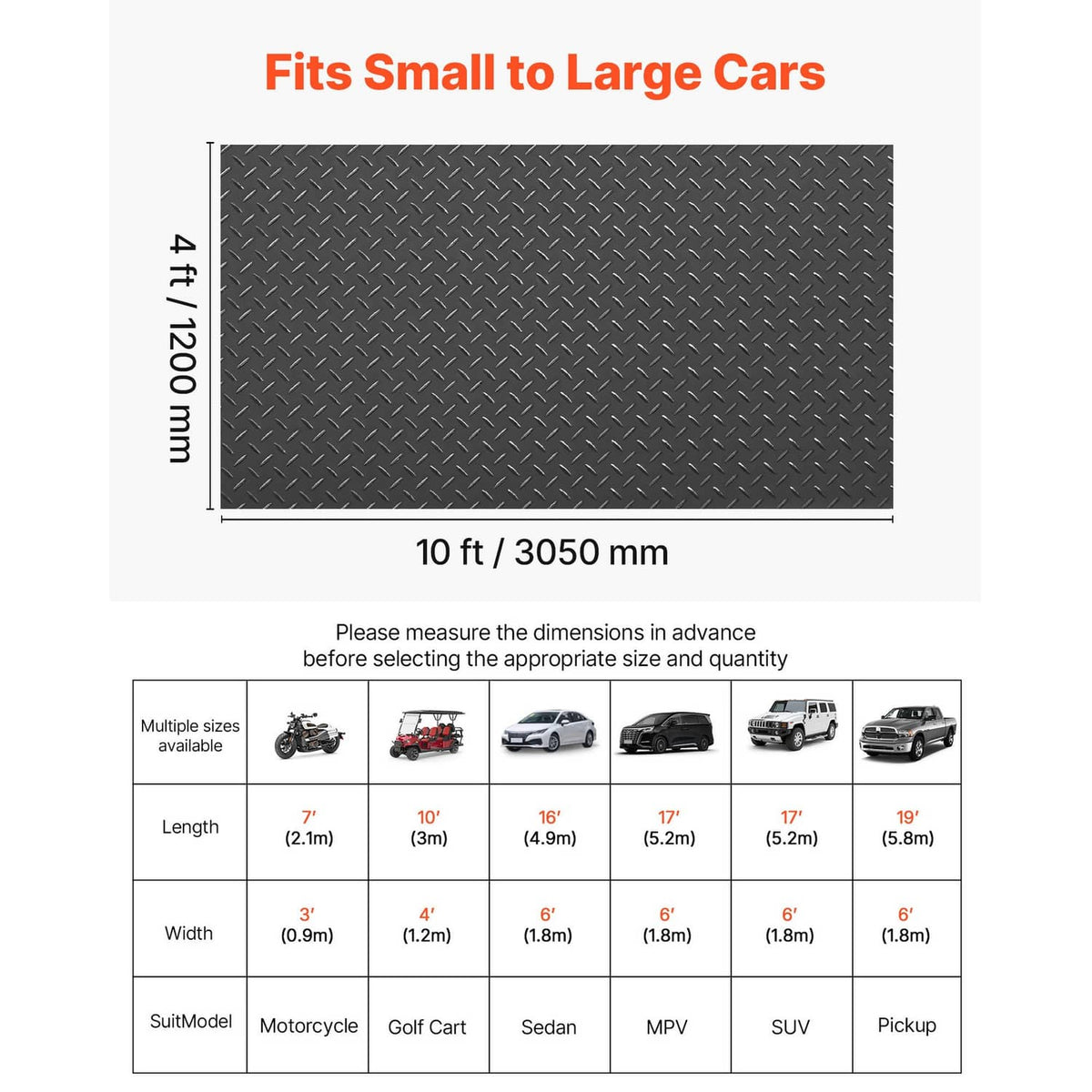 Dark garage floor mat size chart showing 10 ft length and 4 ft width